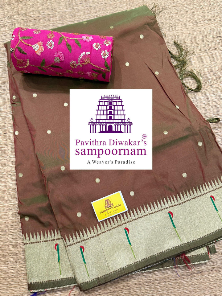 Manthulir Green Paithani muniya borders , rich butta in the body , and grand Paithani Pallu , Semi Paithani Soft Silk Sarees