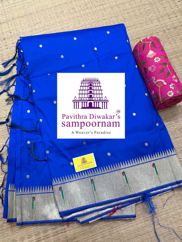 Royal Blue Paithani muniya borders , rich butta in the body , and grand Paithani Pallu , Semi Paithani Soft Silk Sarees
