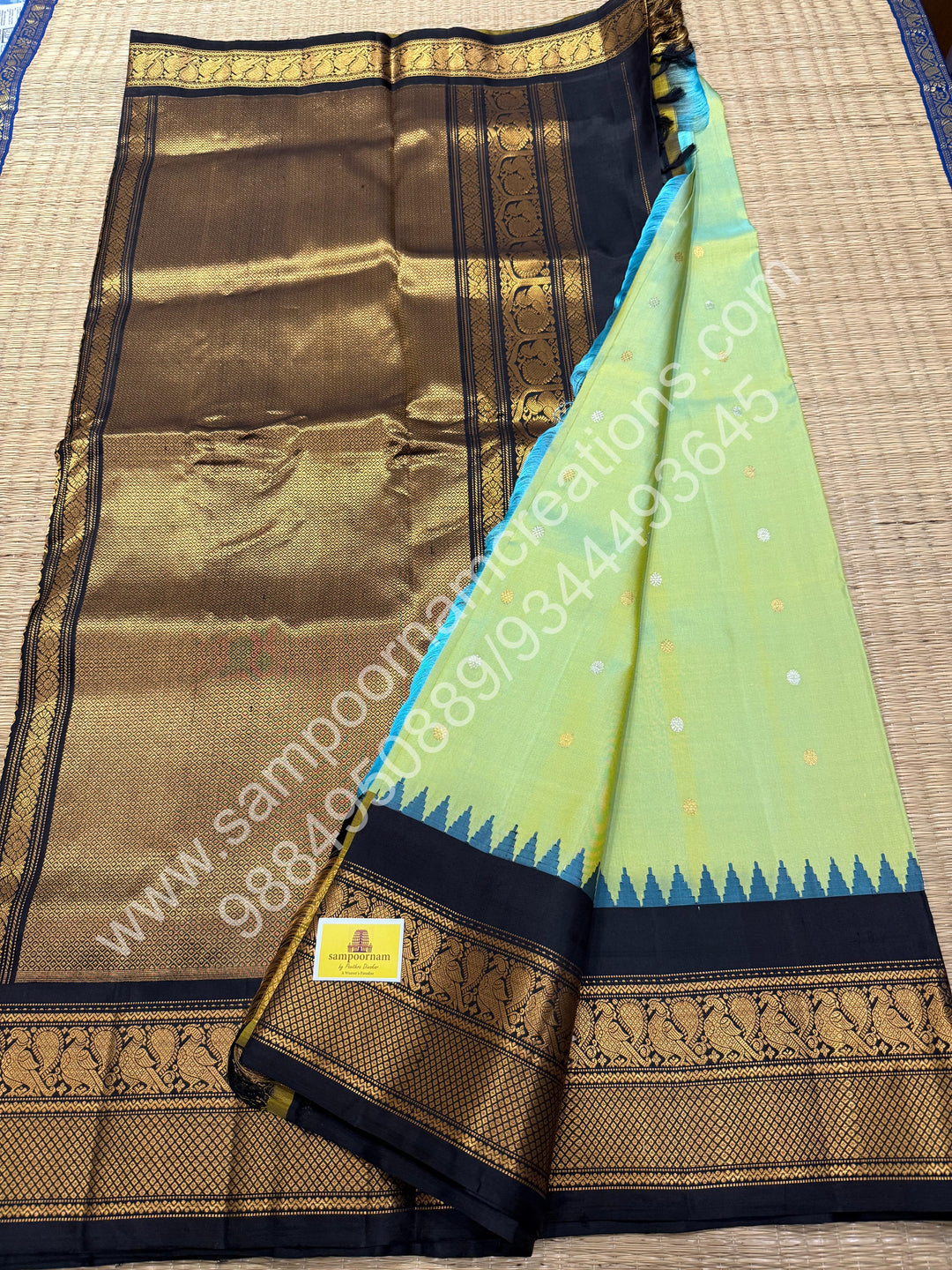 Pastel green with Black, Rich Silver and Gold Zari Butta in the Body, Traditional Rich Borders and Grand Pallu, Pure Handloom Gadwal Silk Saree