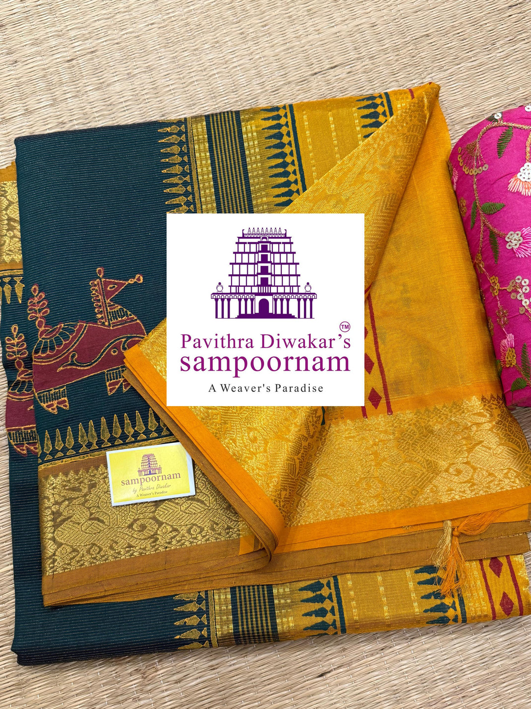 Green with Mustard , Vairaoosi Zari lines in the body , rich zari butta in the body , traditional borders and rich pallu , Terracota horse printed Silk Cotton Saree