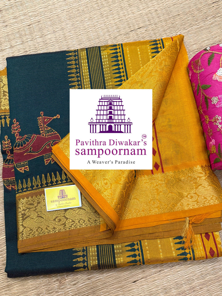 Green with Mustard , Vairaoosi Zari lines in the body , rich zari butta in the body , traditional borders and rich pallu , Terracota horse printed Silk Cotton Saree