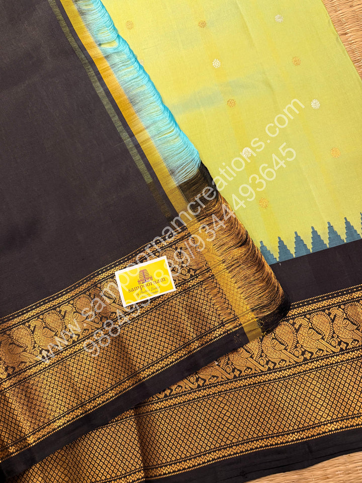 Pastel green with Black, Rich Silver and Gold Zari Butta in the Body, Traditional Rich Borders and Grand Pallu, Pure Handloom Gadwal Silk Saree