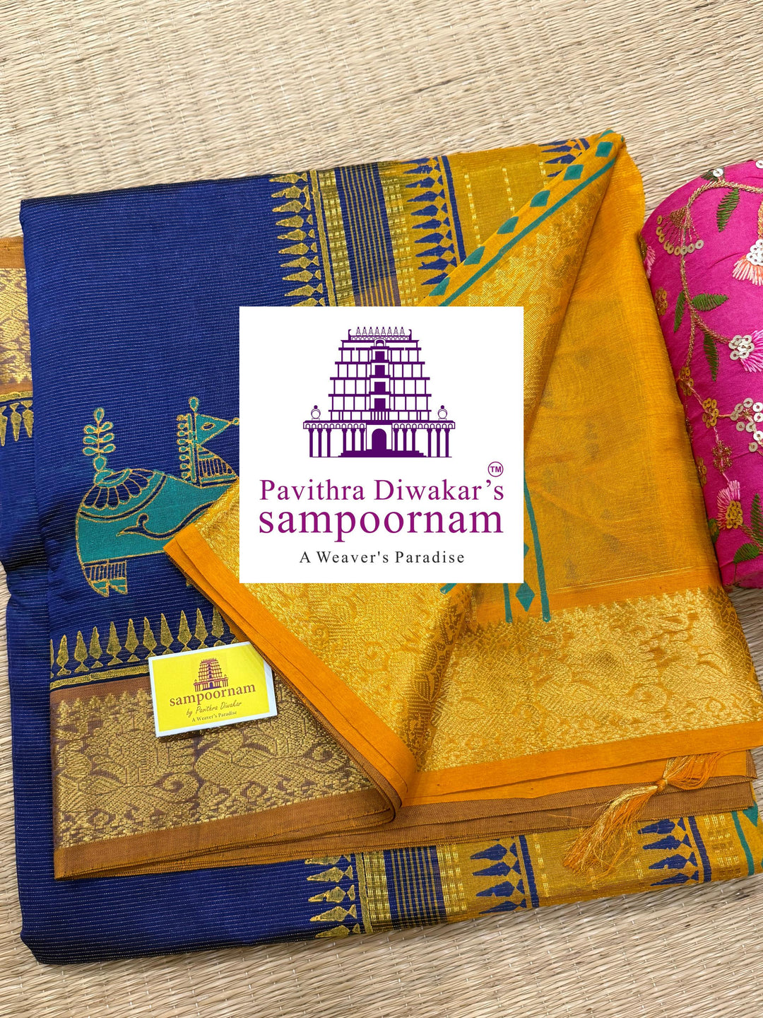 Blue with Mustard , Vairaoosi Zari lines in the body ,  , rich zari butta in the body , traditional borders and rich pallu , Terracota horse printed Silk Cotton Saree