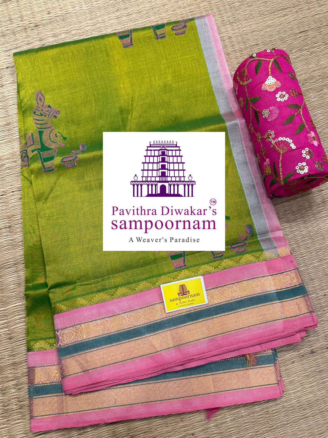 Light Leaf Green with Baby Pink , traditional borders , Terracota horse printed Silk Cotton Saree