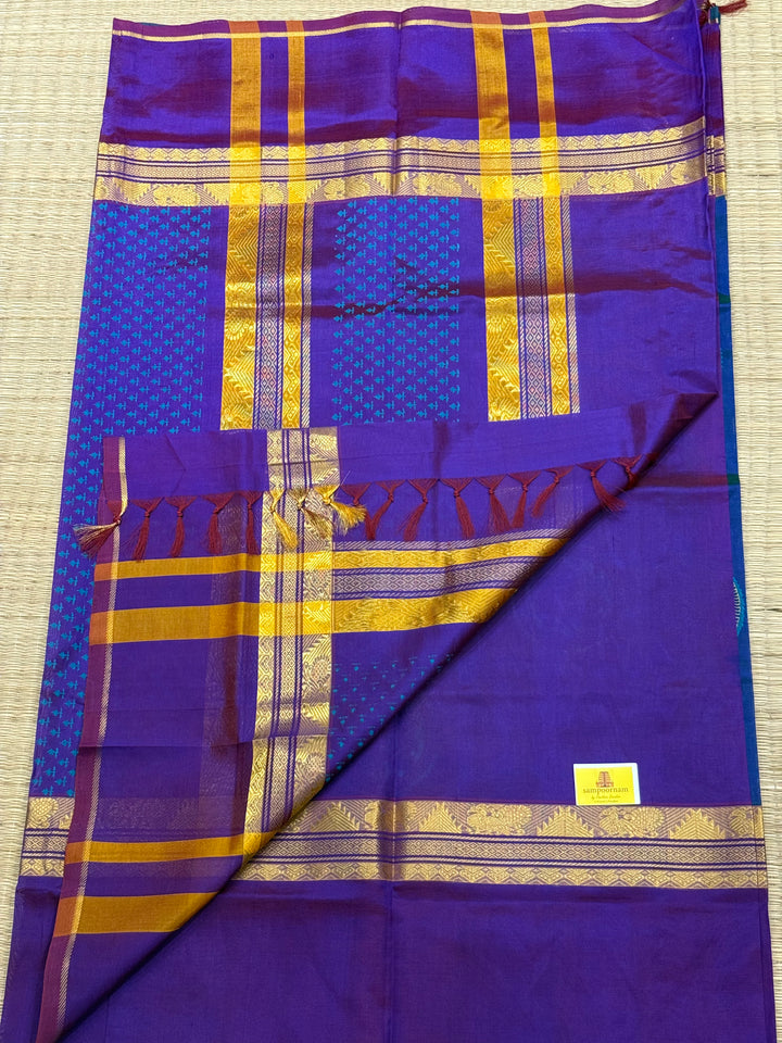 Mayil kazuthu blue with purple , annam hand block printed silk cotton saree