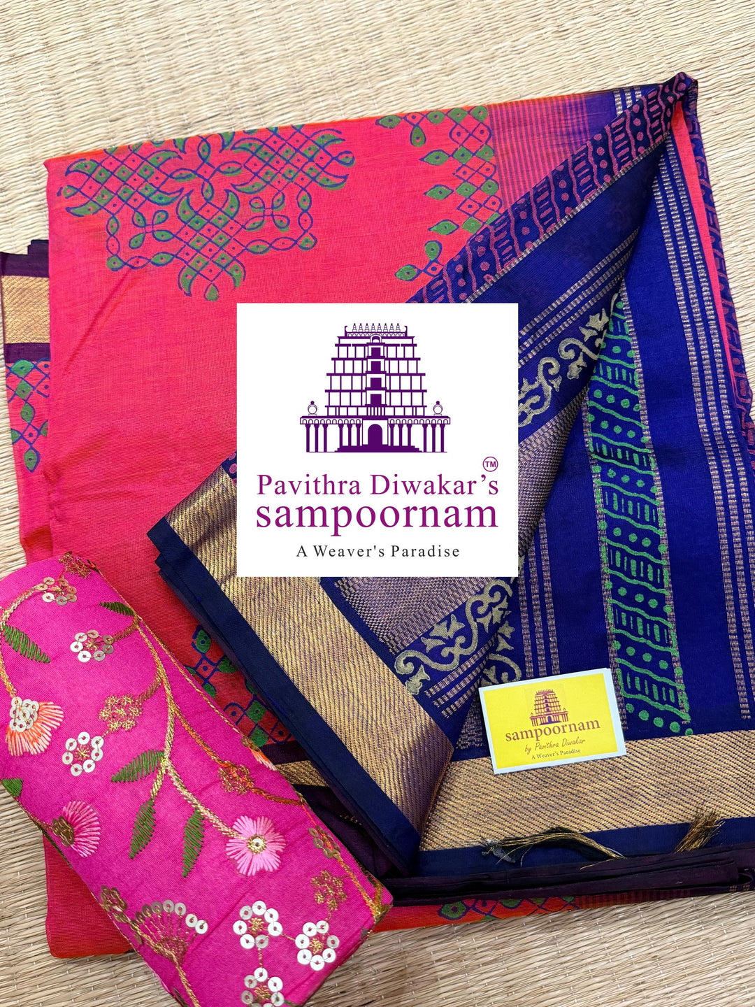 Pink with Blue ,traditional borders and rich Pallu Kolam Handblock Printed Silk Cotton Saree