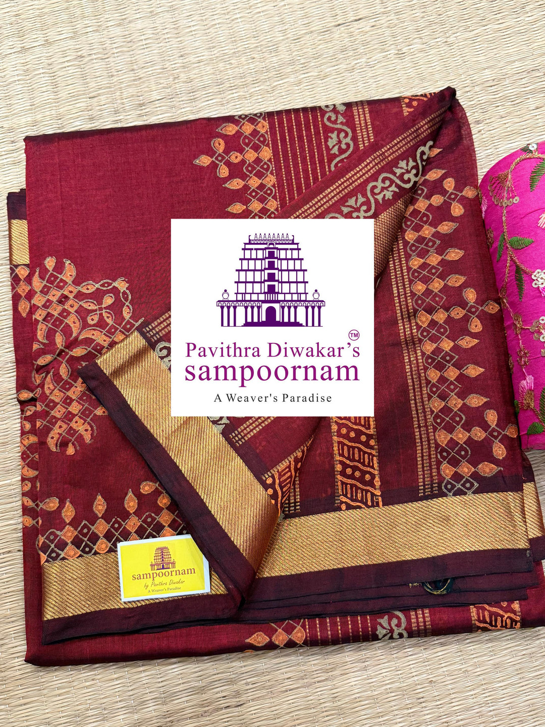 Araku ,traditional borders and rich Pallu Kolam Handblock Printed Silk Cotton Saree