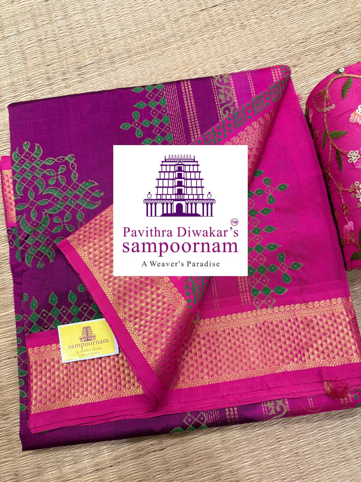 Magenta with Pink traditional borders and rich Pallu Kolam Handblock Printed Silk Cotton Saree