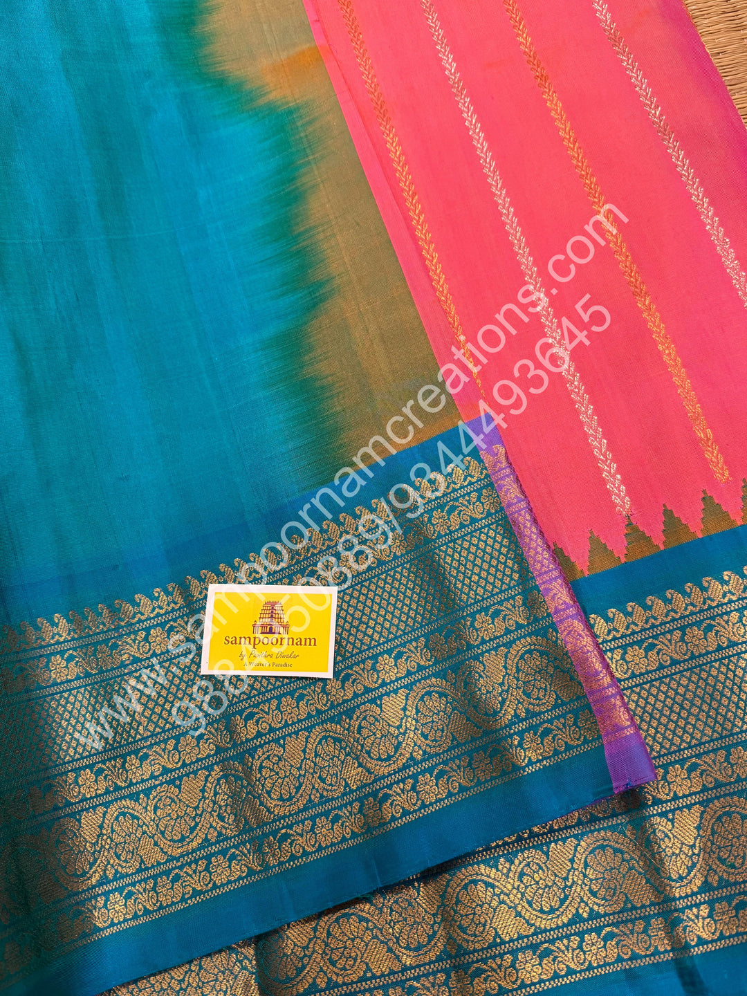 Hot Pink with Turquoise Blue, Rich Silver and Gold Zari Vertical Lines in the Body, Traditional Rich Borders and Grand Pallu, Pure Handloom Gadwal Silk Saree