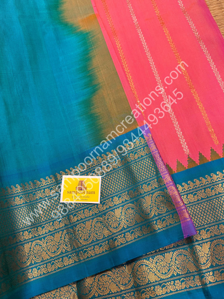 Hot Pink with Turquoise Blue, Rich Silver and Gold Zari Vertical Lines in the Body, Traditional Rich Borders and Grand Pallu, Pure Handloom Gadwal Silk Saree