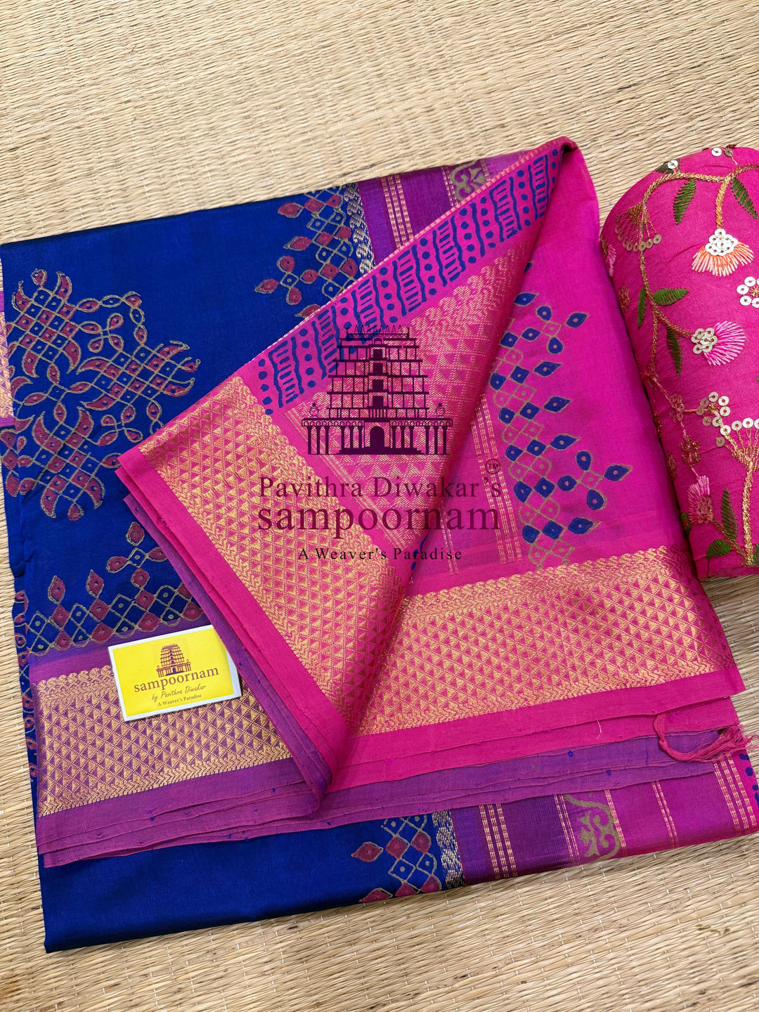 Blue with Pink ,traditional Borders and rich Pallu Kolam Handblock Printed Silk Cotton saree