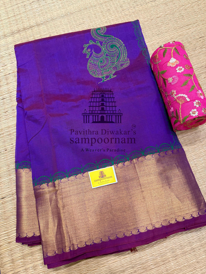 Purple , rich zari borders and traditional pallu , Annam Handblock Printed Korvai Silk Cotton Saree