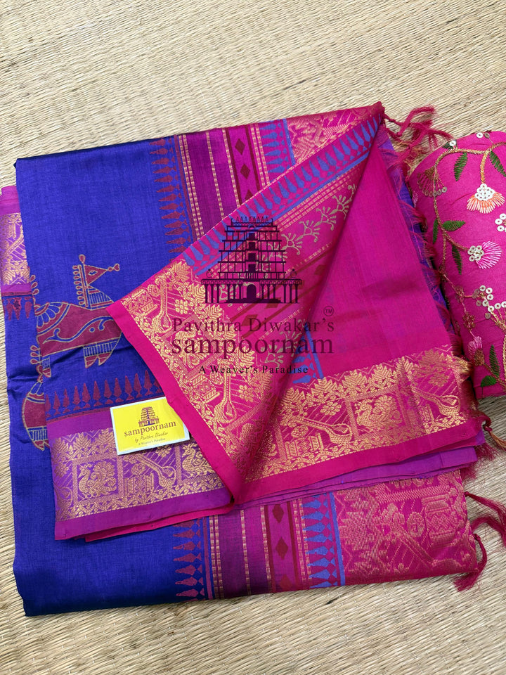 Purple with Pink  , traditional borders , Terracota horse printed Silk Cotton Saree