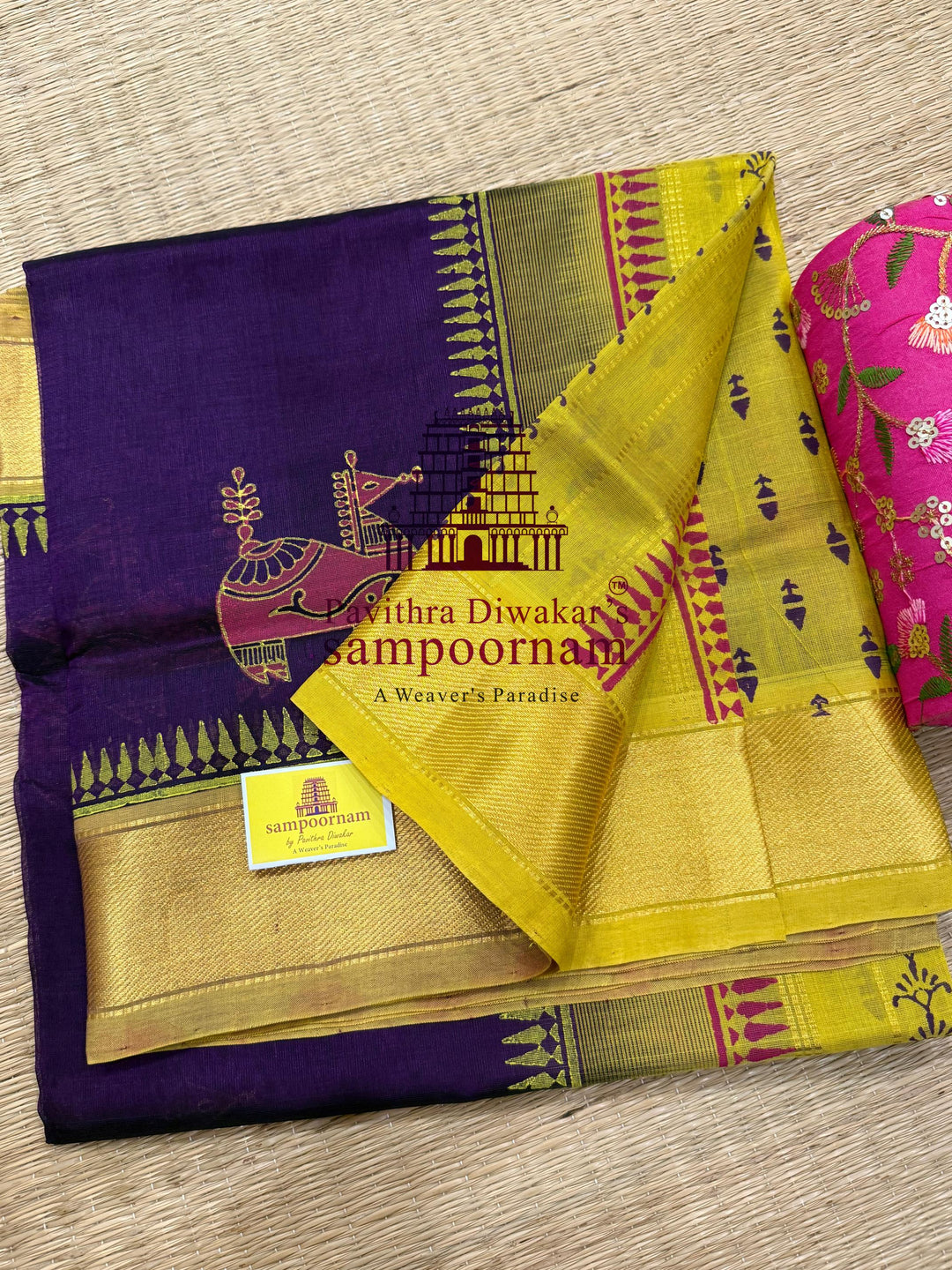 Purple with Lemon Yellow  , traditional borders and rich Pallu , Terracota horse printed Silk Cotton Saree