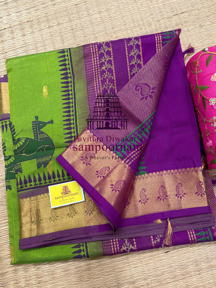 Light Green with Purple  , rich zari butta in the body , traditional borders , Terracota horse printed Silk Cotton Saree