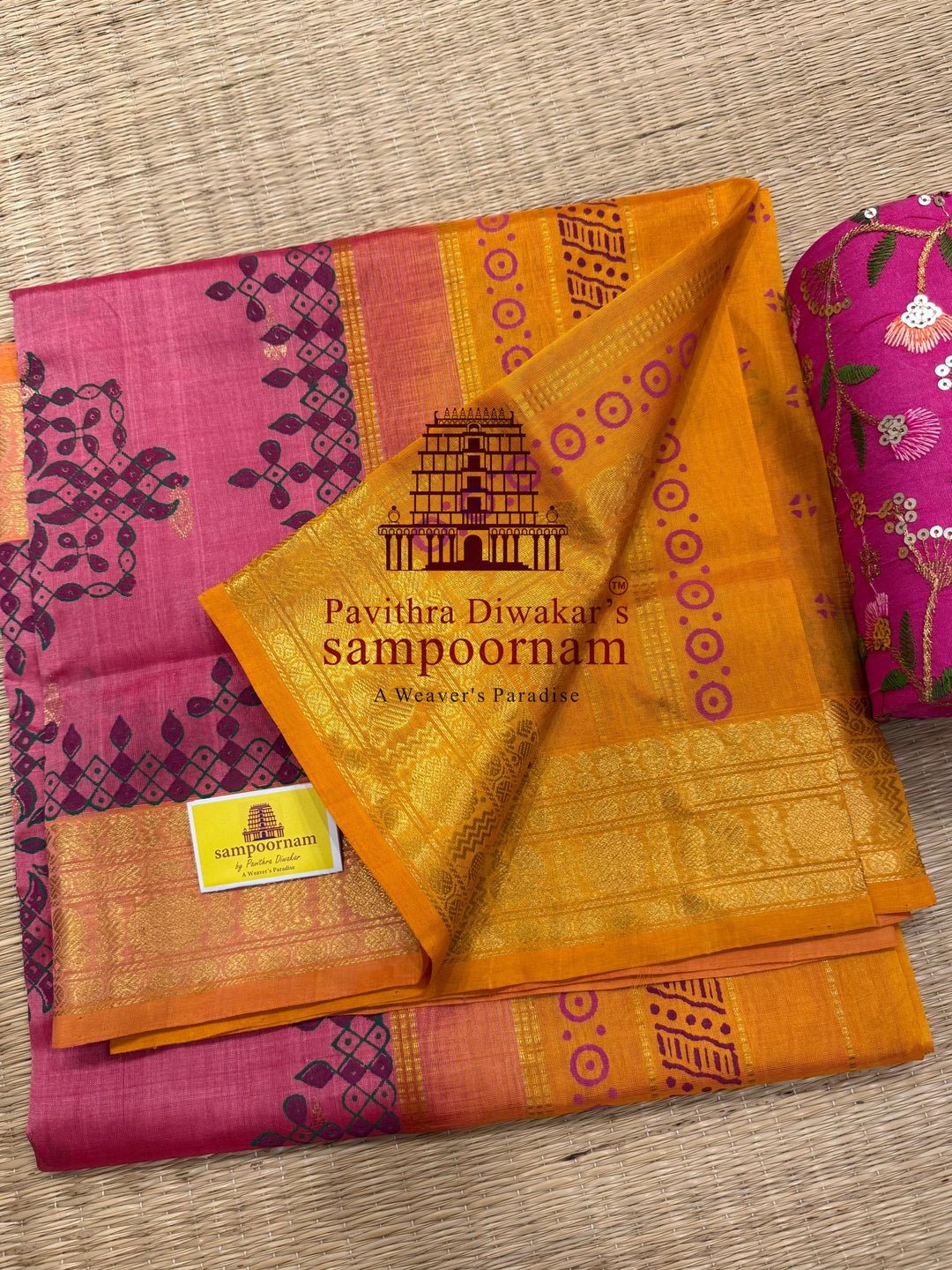 Onion Pink with Mustard , with rich Zari Butta in the Body ,traditional borders and rich Pallu silk cotton saree