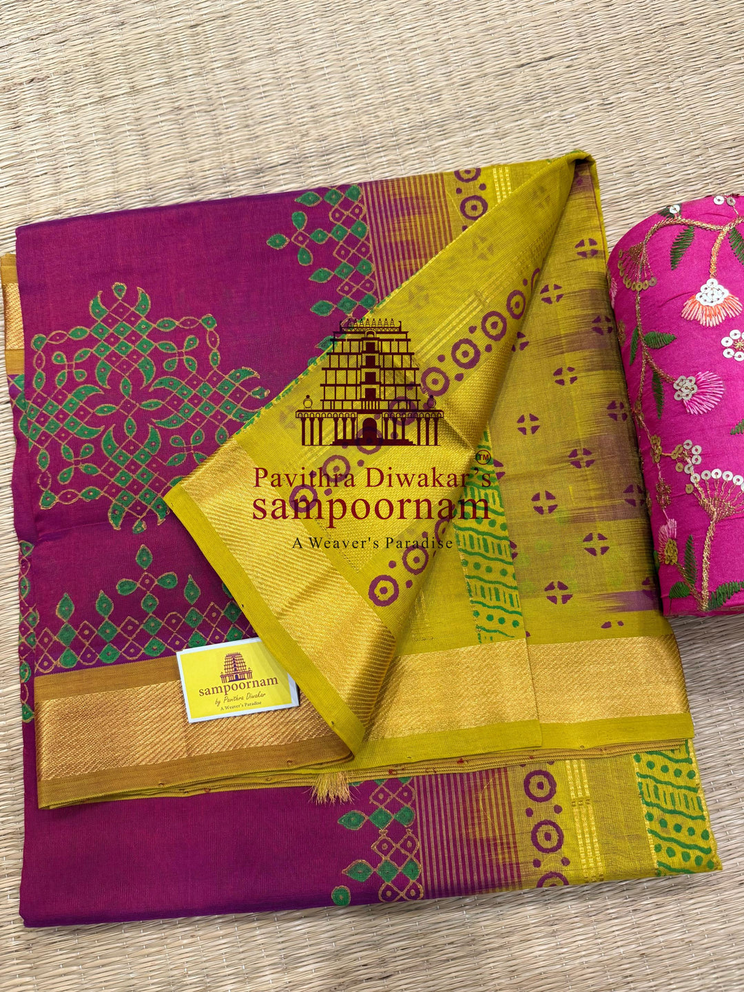 Magenta with Fenugreek ,traditional borders and rich Pallu Kolam Handblock Printed Silkcotton Saree
