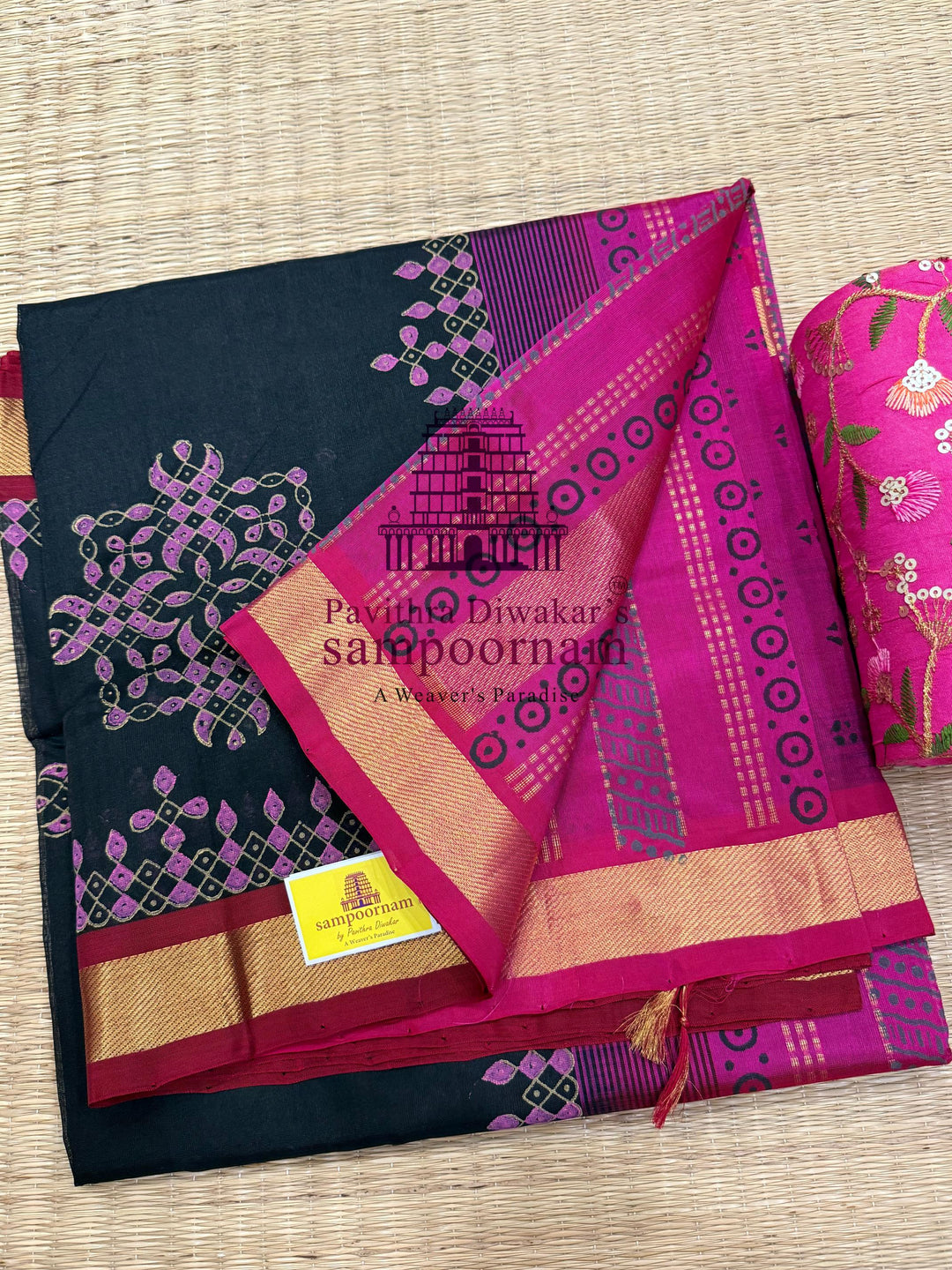 Black with Pink , traditional borders and rich Pallu Kolam Handblock Printed Silkcotton Saree