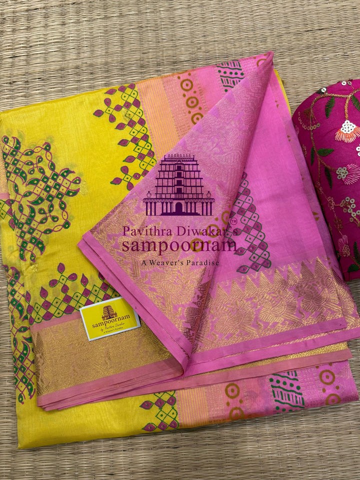 Yellow with Baby Pink , with rich Zari Butta in the Body ,traditional borders and rich Pallu silk cotton saree