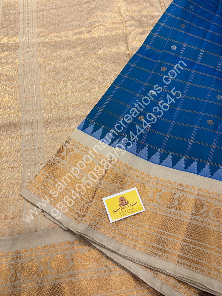 Double Shaded Blue with Offwhite , Rich Zari Checks in the Body with Silver and Gold Zari Butta in the Body, Traditional Rich Borders and Grand Pallu, Pure Handloom Gadwal Silk Saree