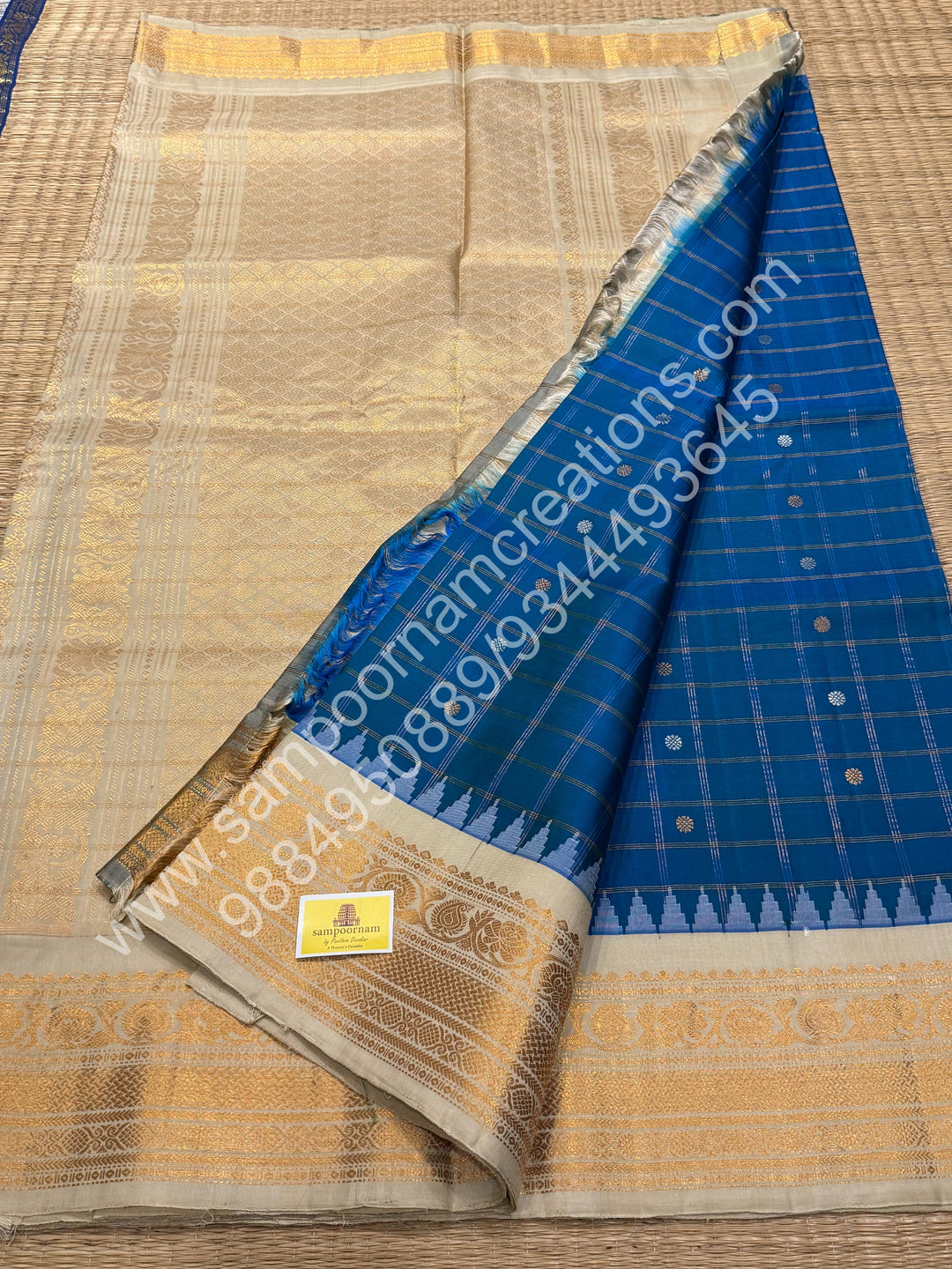 Double Shaded Blue with Offwhite , Rich Zari Checks in the Body with Silver and Gold Zari Butta in the Body, Traditional Rich Borders and Grand Pallu, Pure Handloom Gadwal Silk Saree