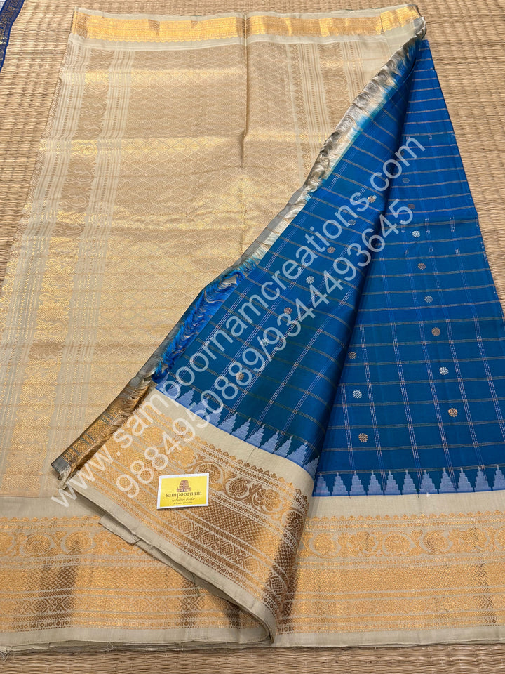 Double Shaded Blue with Offwhite , Rich Zari Checks in the Body with Silver and Gold Zari Butta in the Body, Traditional Rich Borders and Grand Pallu, Pure Handloom Gadwal Silk Saree