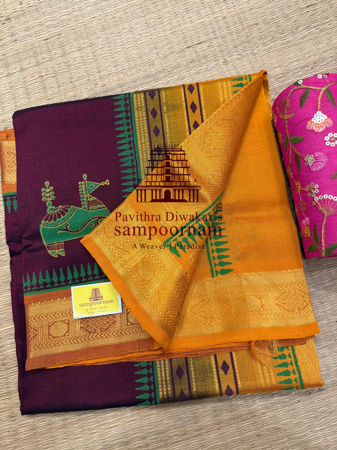 Araku with Mustard  , traditional borders and rich Pallu , Terracota horse printed Silk Cotton Saree