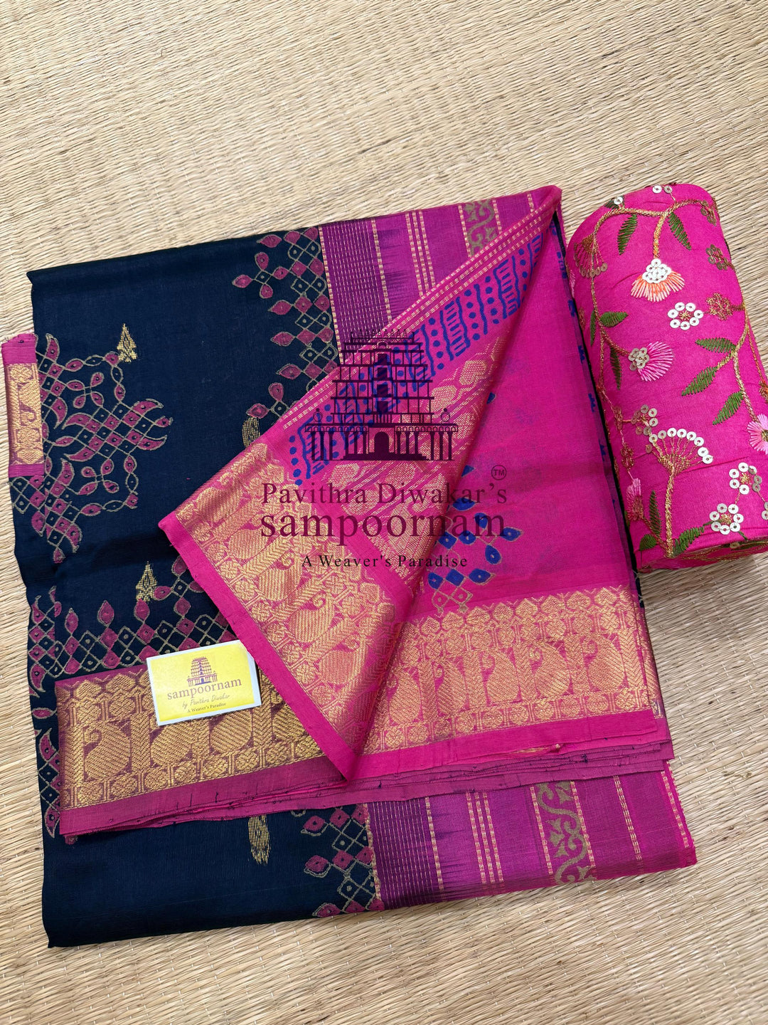 Dark Blue with Pink , rich Zari Butta in the Body ,traditional borders and rich Pallu silk cotton saree