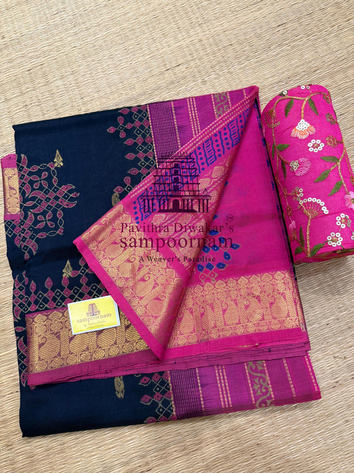 Dark Blue with Pink , rich Zari Butta in the Body ,traditional borders and rich Pallu silk cotton saree