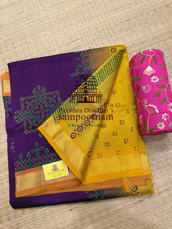 Purple with Fenugreek , traditional borders and rich Pallu Kolam Handblock Printed Silkcotton Saree