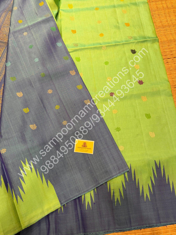 Double Shaded Pastel green with Blue, Rich Annam Multi Colour Butta in the Body, Traditional Temple Borders and Grand Pallu, Pure Handloom Gadwal Silk Saree