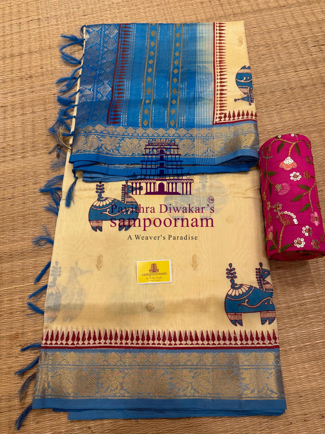 Offwhite with Blue , rich zari butta in the body , traditional borders , Terracota horse printed Silk Cotton Saree