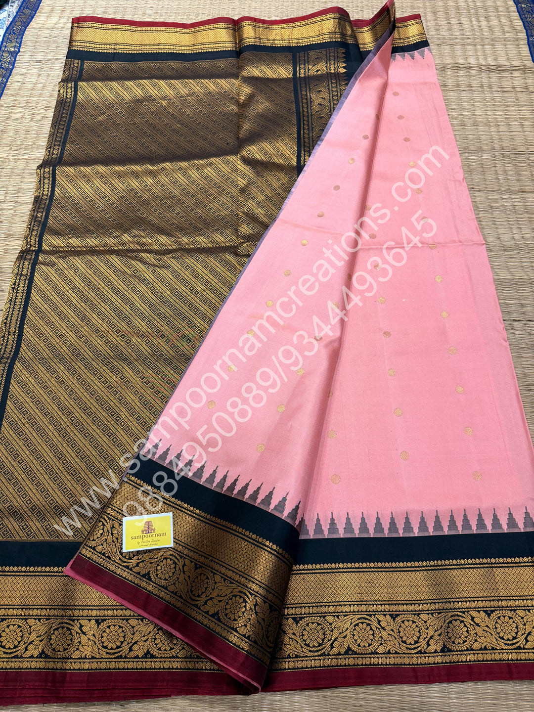 Baby pink with Black, Rich Gold Zari Butta in the Body, Maroon Selvedge, Traditional Rich Borders and Grand Pallu, Pure Handloom Gadwal Silk Saree