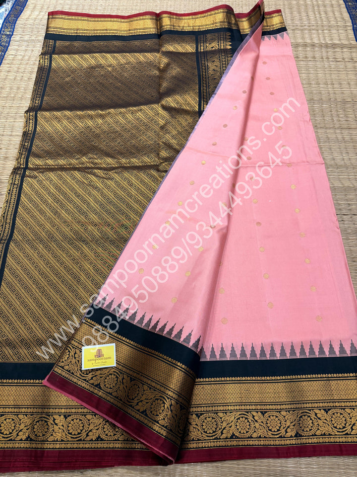 Baby pink with Black, Rich Gold Zari Butta in the Body, Maroon Selvedge, Traditional Rich Borders and Grand Pallu, Pure Handloom Gadwal Silk Saree