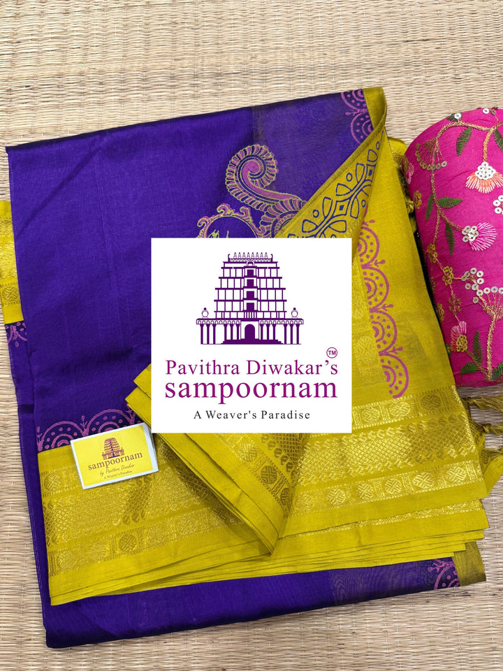 Purple with Lemon Yellow , traditional borders and rich pallu , Annam Handblock Printed Korvai Silk Cotton Saree
