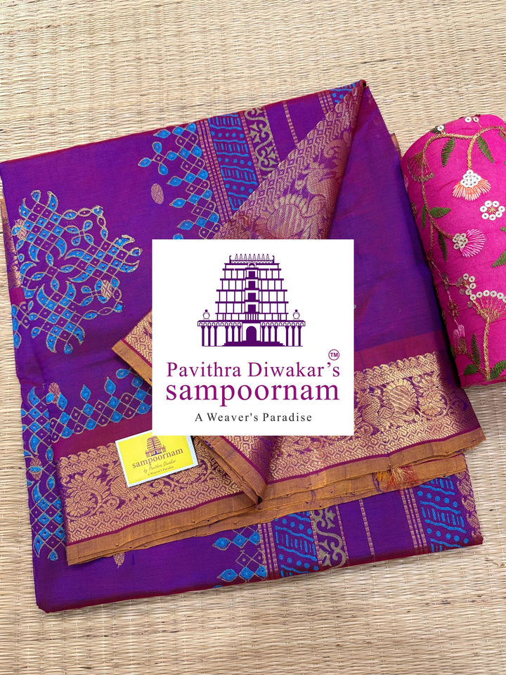 Purple traditional border with Zari butta in the body , grand Pallu Silk Cotton Saree