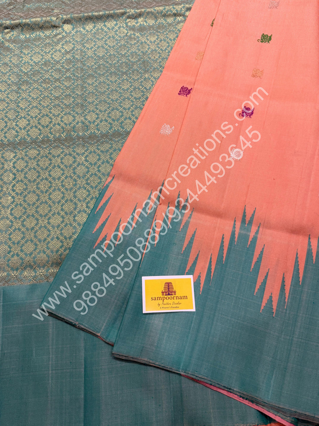 Peach Pink with Sea Green, Rich Annam and Chakram Multi Colour Butta in the Body, Traditional Temple Borders and Grand Pallu, Pure Handloom Gadwal Silk Saree