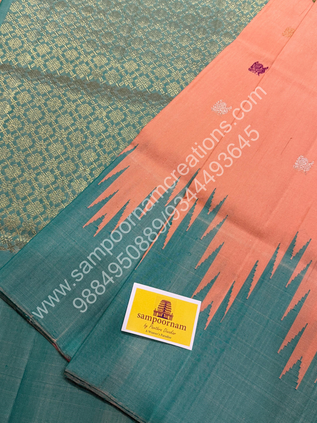 Peach Pink with Sea Green, Rich Annam and Chakram Multi Colour Butta in the Body, Traditional Temple Borders and Grand Pallu, Pure Handloom Gadwal Silk Saree