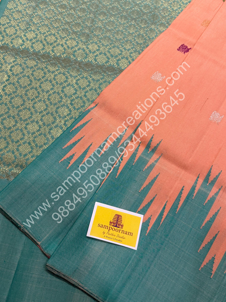 Peach Pink with Sea Green, Rich Annam and Chakram Multi Colour Butta in the Body, Traditional Temple Borders and Grand Pallu, Pure Handloom Gadwal Silk Saree