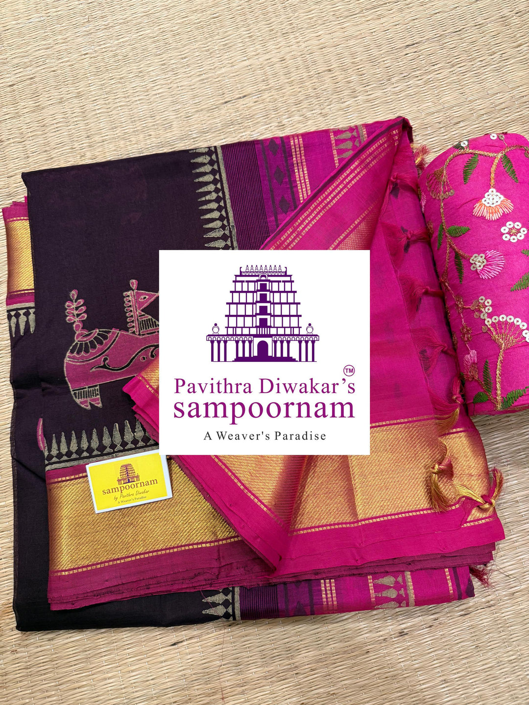Dark Brown with Pink , traditional borders and rich Pallu , Terracota horse printed Silk Cotton Saree