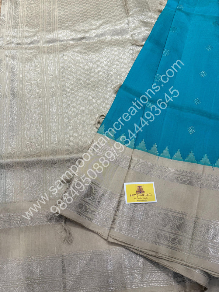 Aqua Green with Cement Colour, Rich Silver Zari Butta in the Body, Traditional Temple Rich Borders and Grand Pallu, Pure Handloom Gadwal Silk Saree