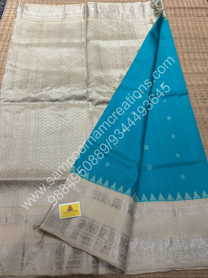 Aqua Green with Cement Colour, Rich Silver Zari Butta in the Body, Traditional Temple Rich Borders and Grand Pallu, Pure Handloom Gadwal Silk Saree