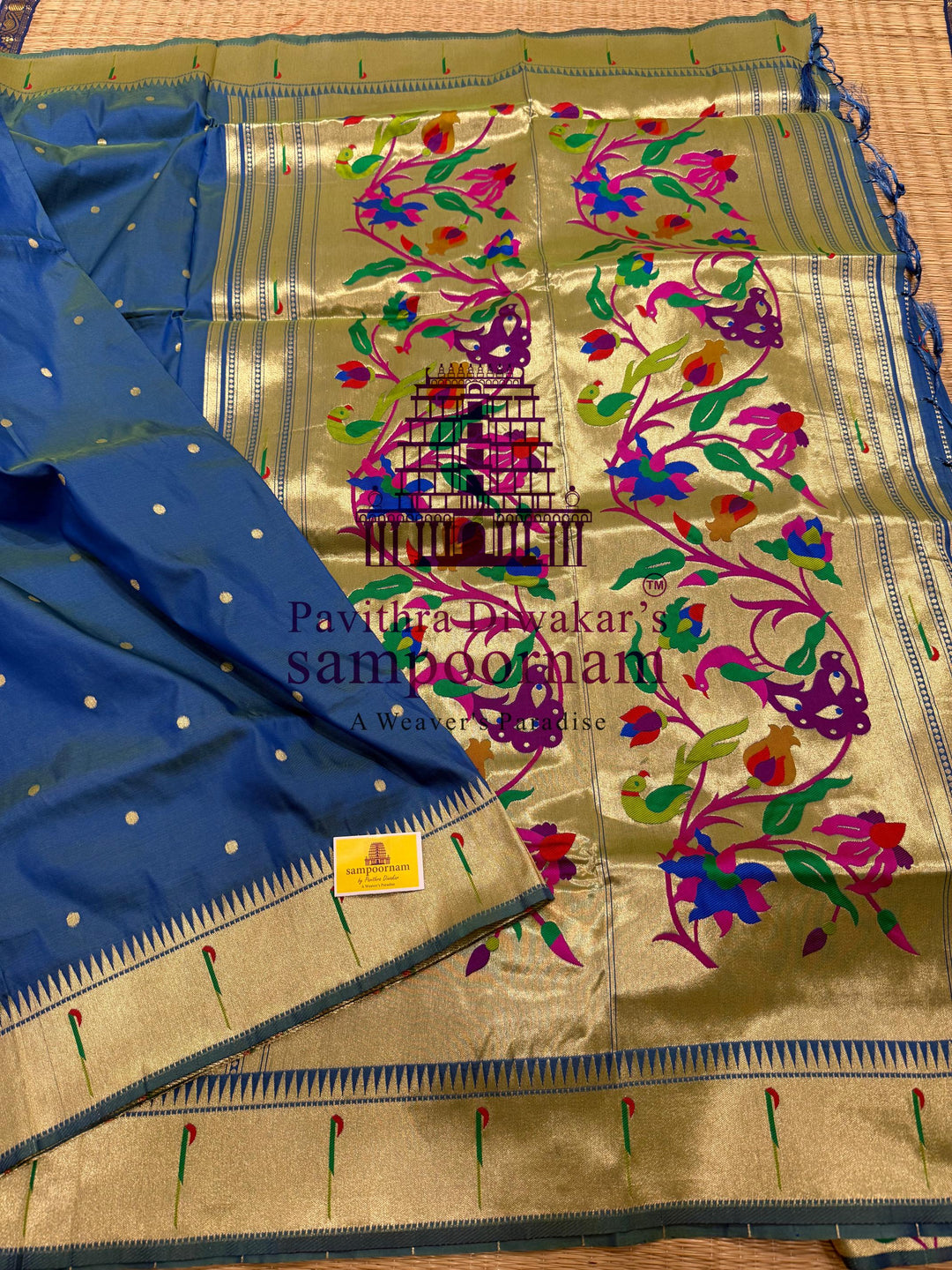 Mayil Kazhuthu Blue Paithani muniya borders , rich butta in the body , and grand Paithani Pallu , Semi Paithani Soft Silk Sarees