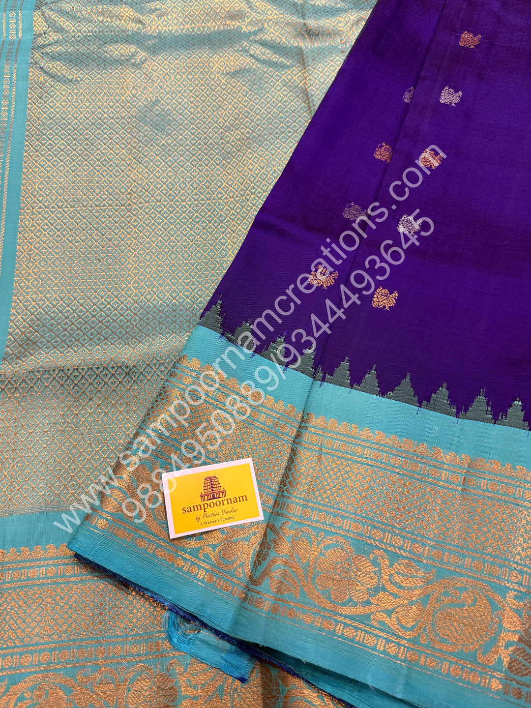 Dark Blue with Light Blue, Annam and Rudraksh Silver and Gold Zari Butta in the Body, Traditional Rich Borders and Grand Pallu, Pure Handloom Gadwal Silk Saree
