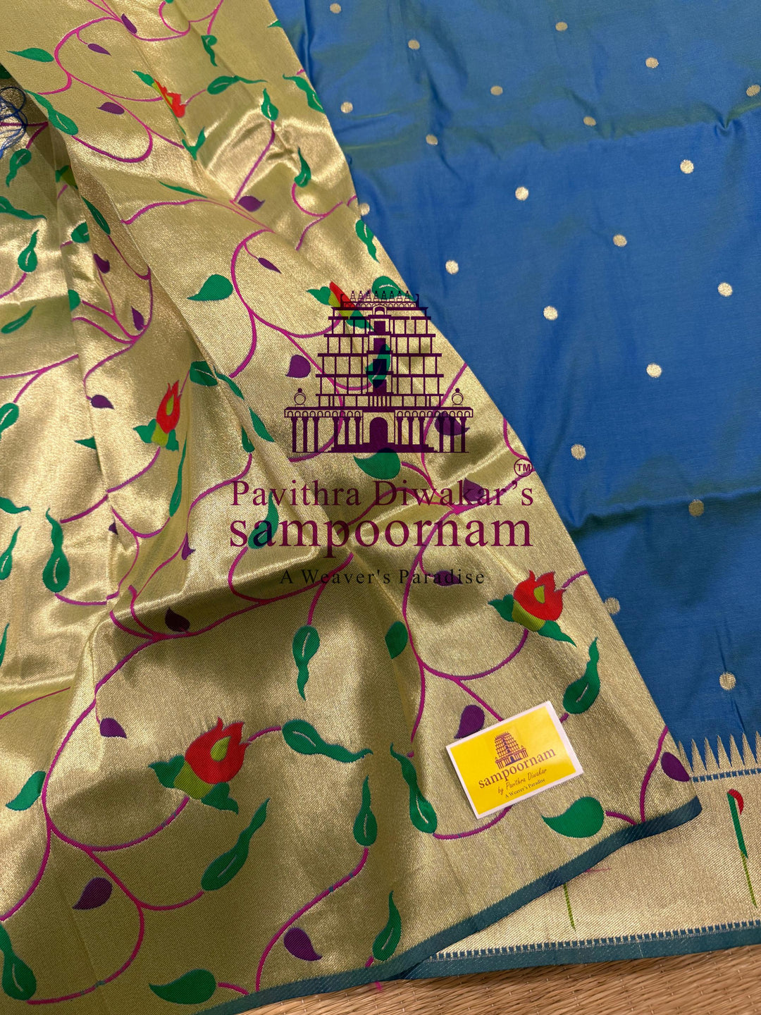 Mayil Kazhuthu Blue Paithani muniya borders , rich butta in the body , and grand Paithani Pallu , Semi Paithani Soft Silk Sarees