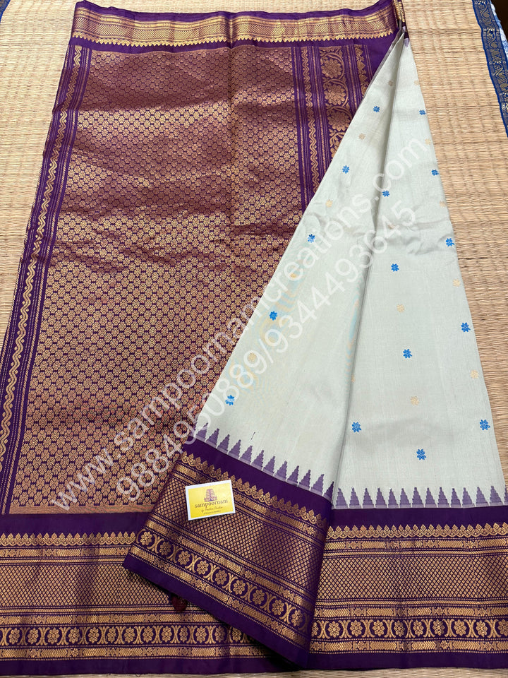 Soft dew green with Purple, Rich Zari and thread Butta in the Body, Traditional Rich Borders and Grand Pallu, Pure Handloom Gadwal Silk Saree