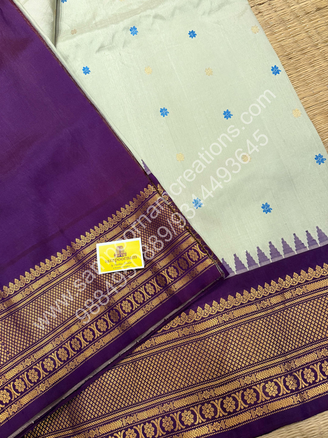 Soft dew green with Purple, Rich Zari and thread Butta in the Body, Traditional Rich Borders and Grand Pallu, Pure Handloom Gadwal Silk Saree