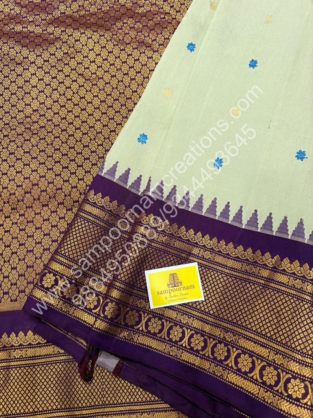 Soft dew green with Purple, Rich Zari and thread Butta in the Body, Traditional Rich Borders and Grand Pallu, Pure Handloom Gadwal Silk Saree