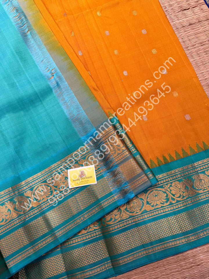 Manjal with Turquoise Blue, Rich Zari Butta in the Body, Traditional Zari Rich Borders and Grand Pallu, Pure Handloom Gadwal Silk Saree