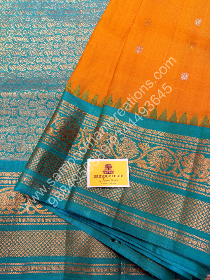 Manjal with Turquoise Blue, Rich Zari Butta in the Body, Traditional Zari Rich Borders and Grand Pallu, Pure Handloom Gadwal Silk Saree